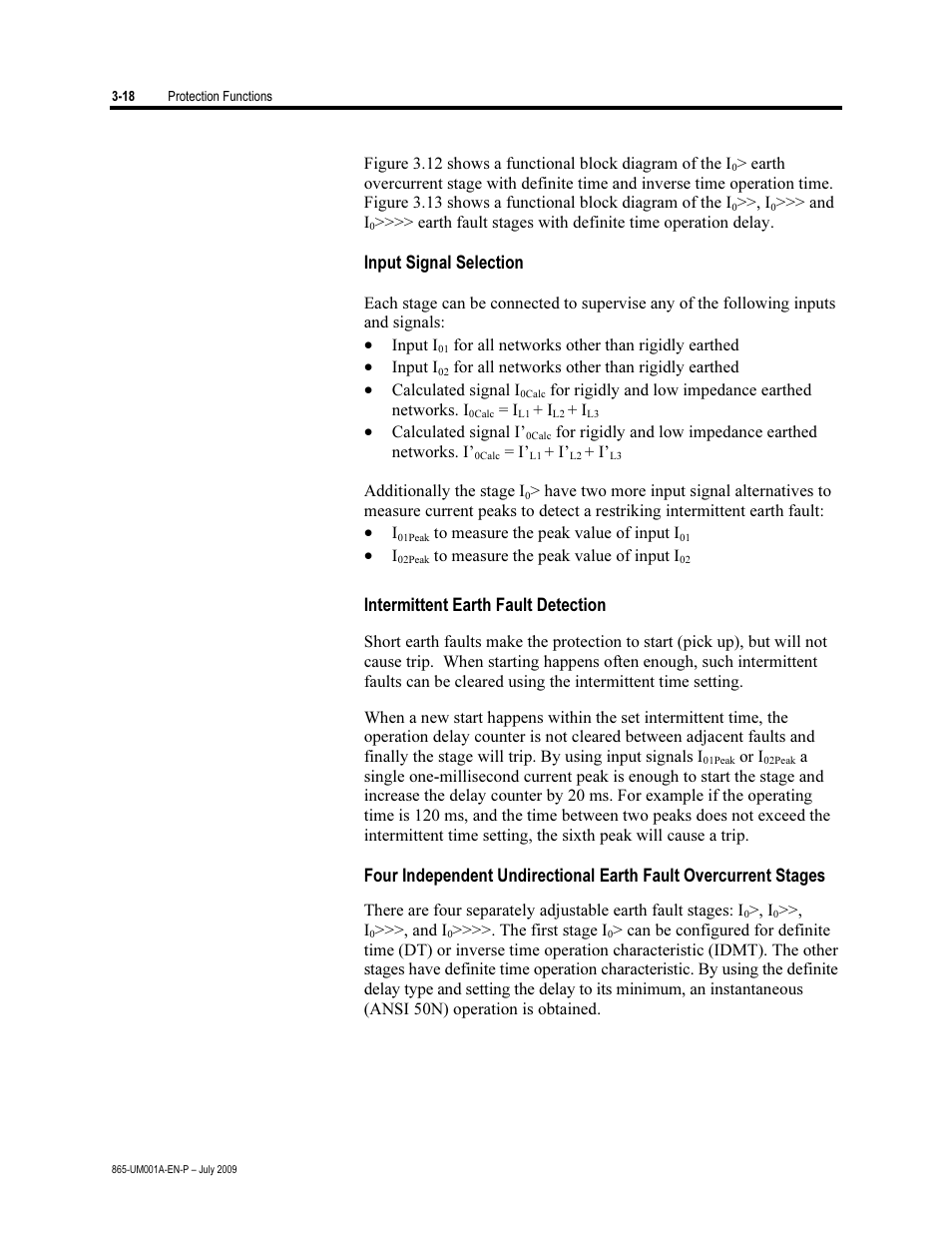 Input signal selection, Intermittent earth fault detection | Rockwell Automation 865 Differential Protection Relay User Manual | Page 62 / 186