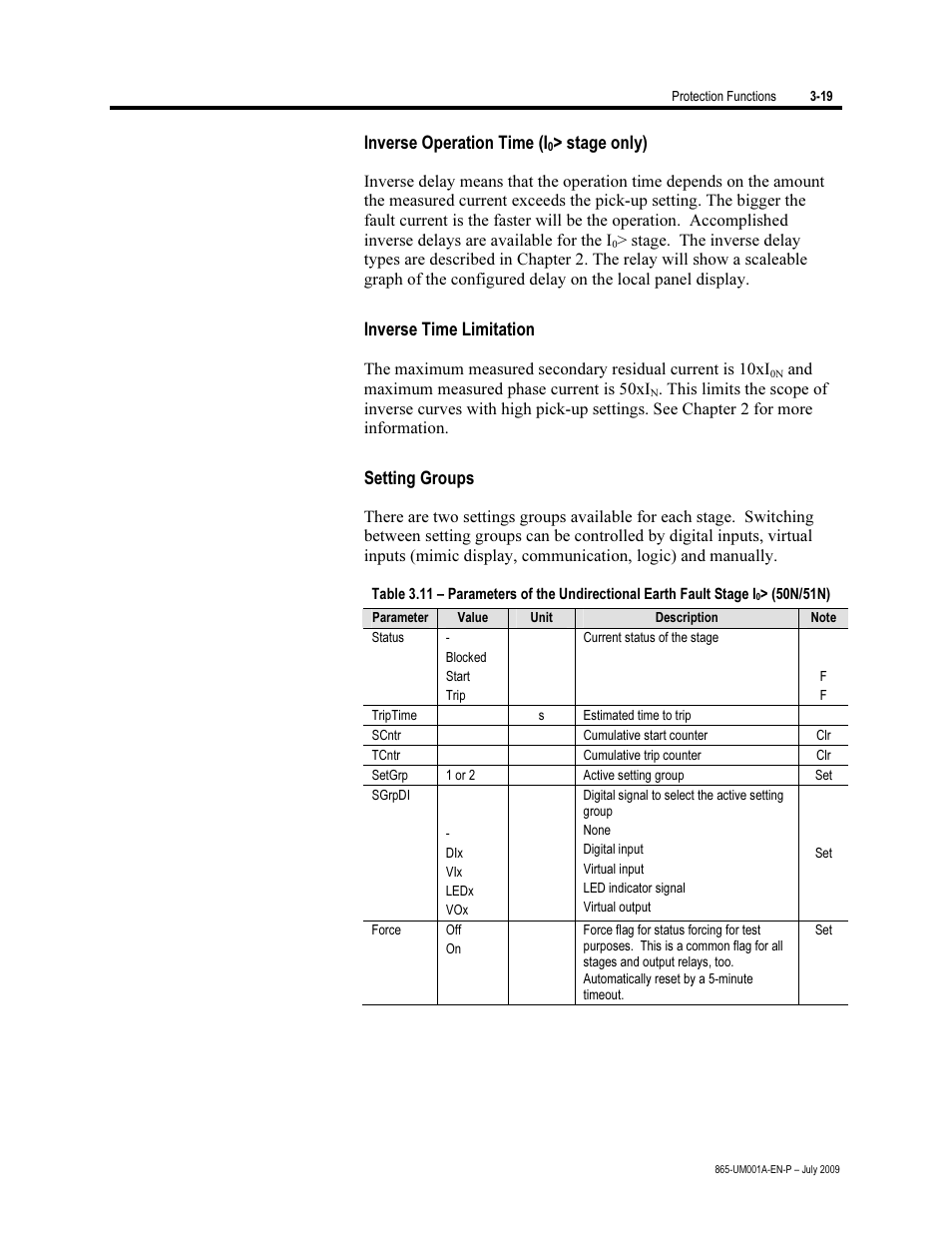 Inverse operation time, Inverse time limitation, Setting groups | Rockwell Automation 865 Differential Protection Relay User Manual | Page 63 / 186