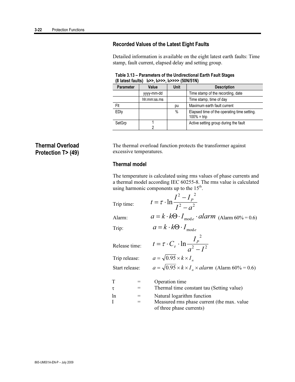 Recorded values of the latest eight faults, Thermal overload protection (49), Thermal model | Ik k a | Rockwell Automation 865 Differential Protection Relay User Manual | Page 66 / 186