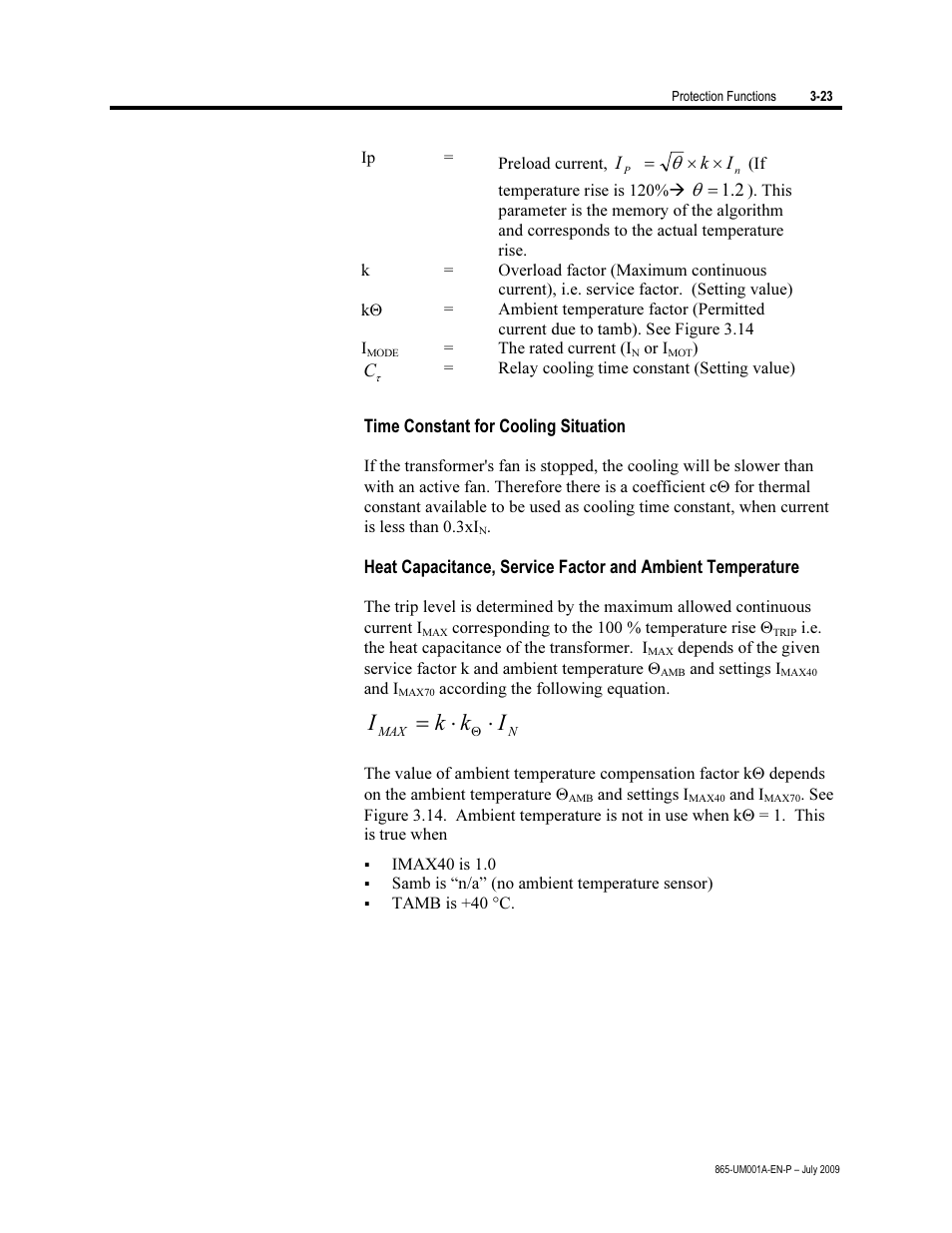 Time constant for cooling situation, Ik k i | Rockwell Automation 865 Differential Protection Relay User Manual | Page 67 / 186