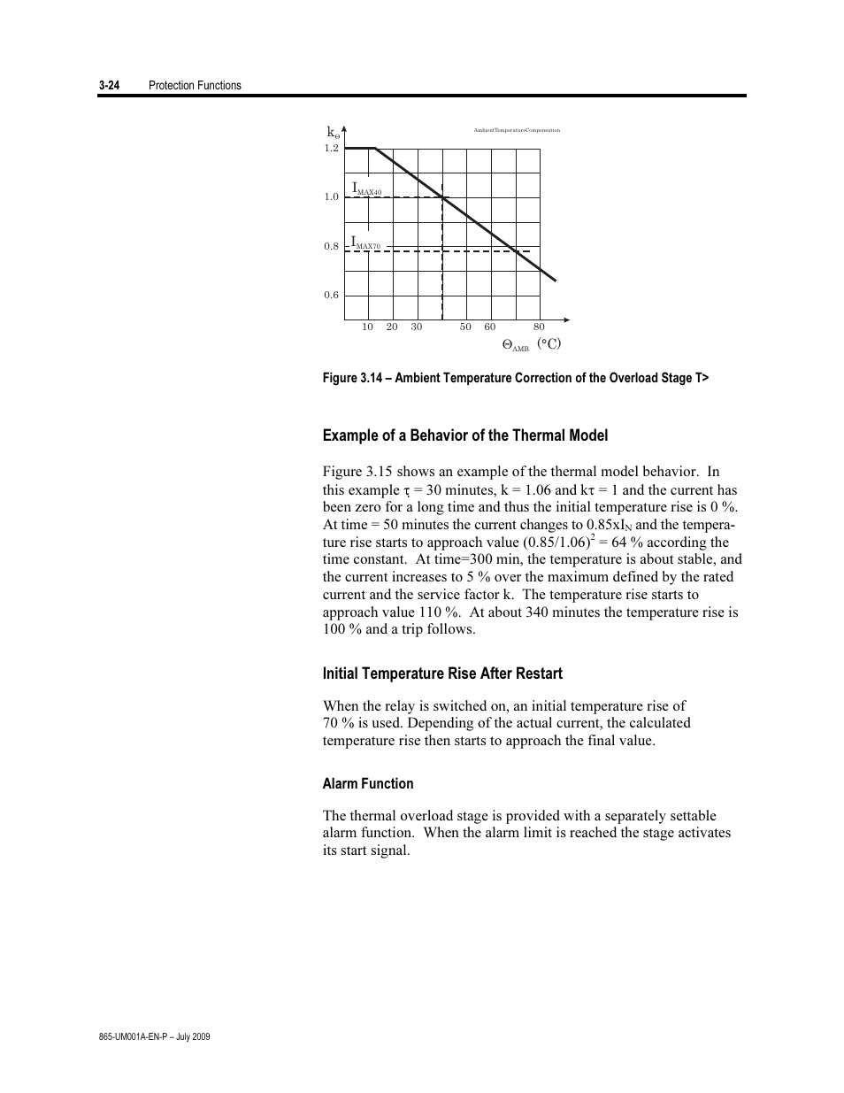 Example of a behavior of the thermal model, Initial temperature rise after restart, Alarm function | Rockwell Automation 865 Differential Protection Relay User Manual | Page 68 / 186