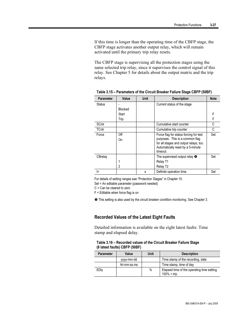 Recorded values of the latest eight faults | Rockwell Automation 865 Differential Protection Relay User Manual | Page 71 / 186