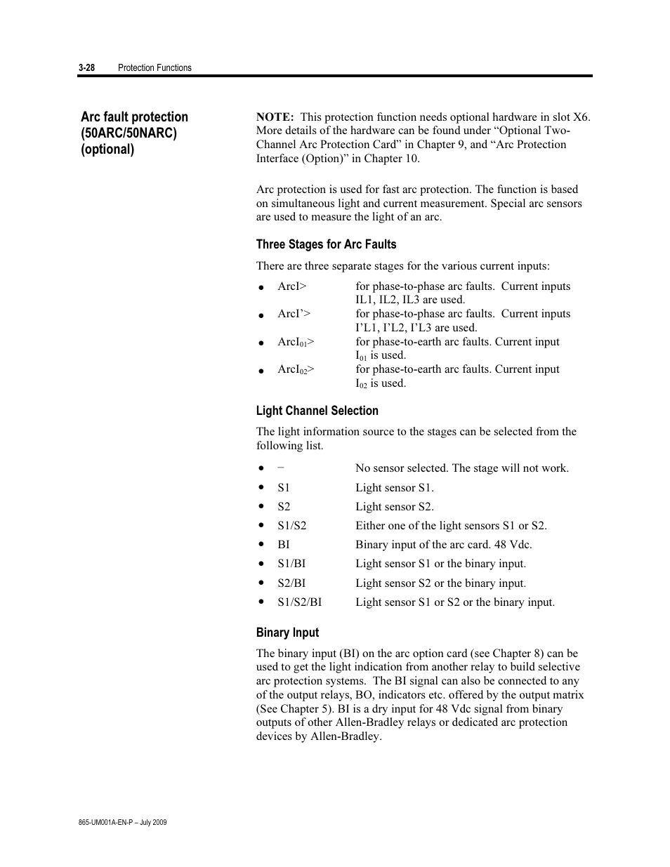 Arc fault protection (optional), Three stages for arc faults, Light channel selection | Binary input | Rockwell Automation 865 Differential Protection Relay User Manual | Page 72 / 186