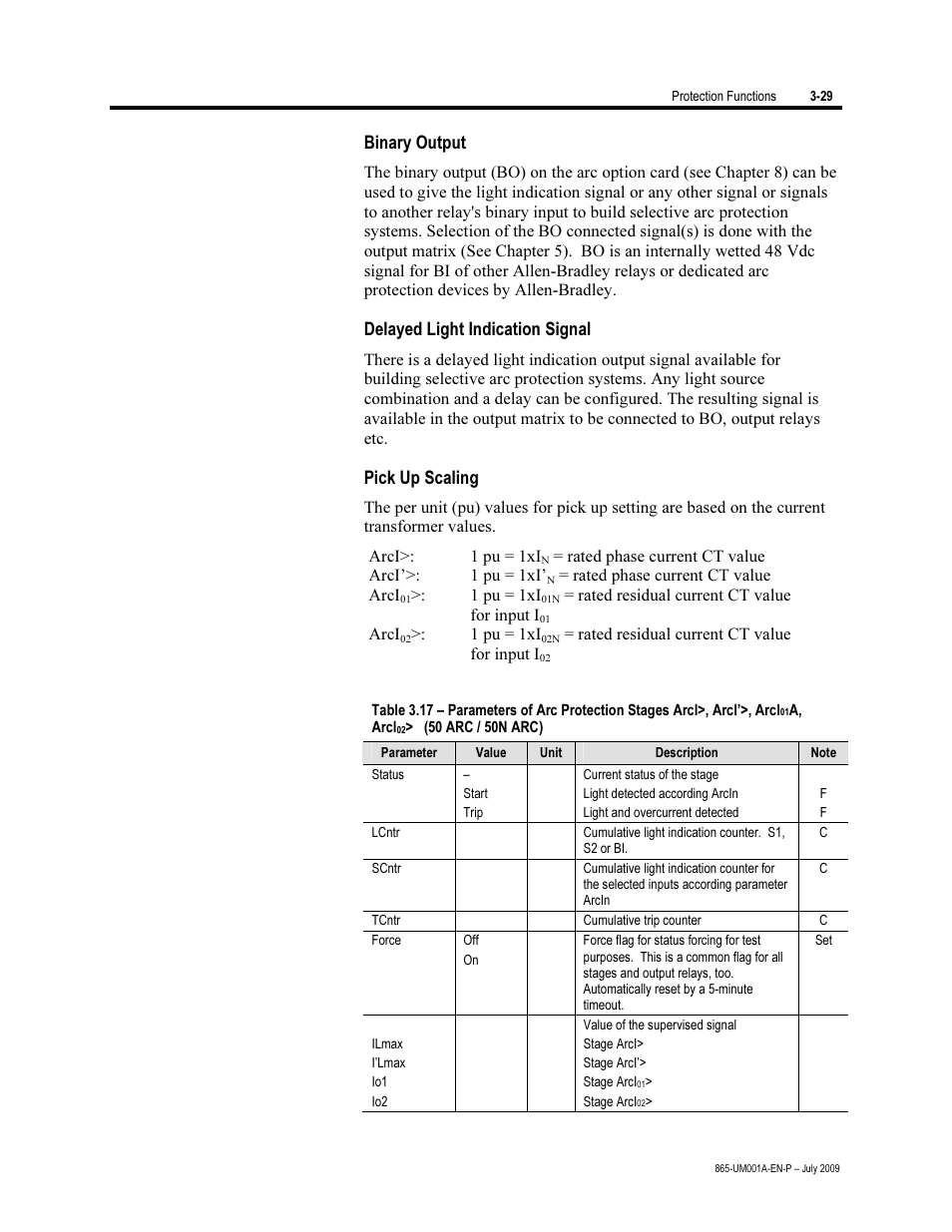 Binary output, Delayed light indication signal, Pick up scaling | Rockwell Automation 865 Differential Protection Relay User Manual | Page 73 / 186