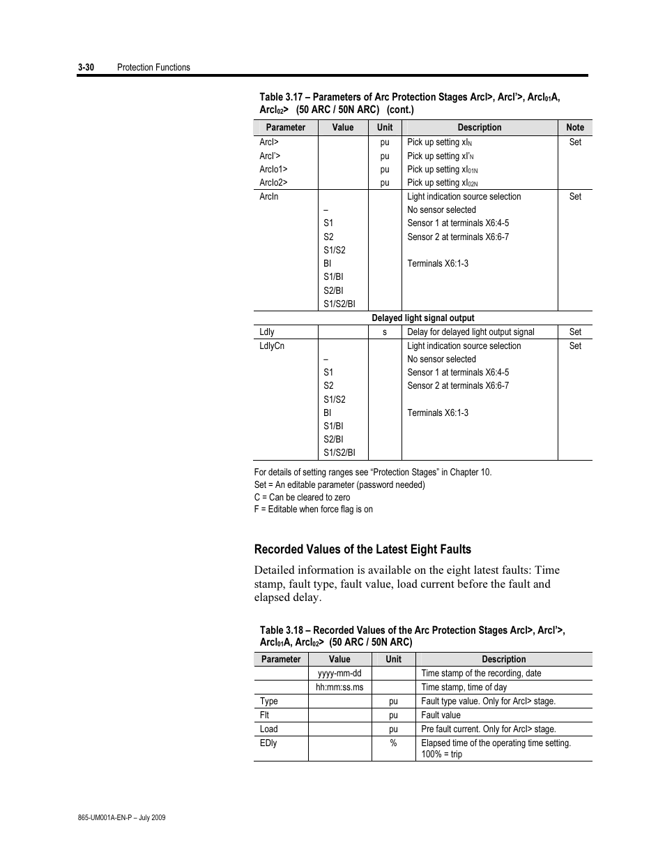 Recorded values of the latest eight faults | Rockwell Automation 865 Differential Protection Relay User Manual | Page 74 / 186