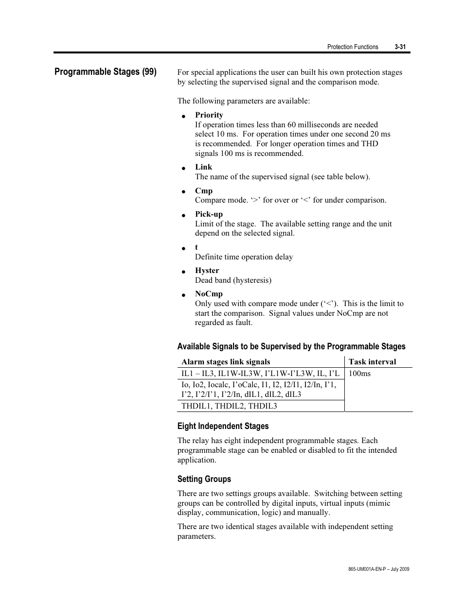 Programmable stages (99), Eight independent stages, Setting groups | Rockwell Automation 865 Differential Protection Relay User Manual | Page 75 / 186