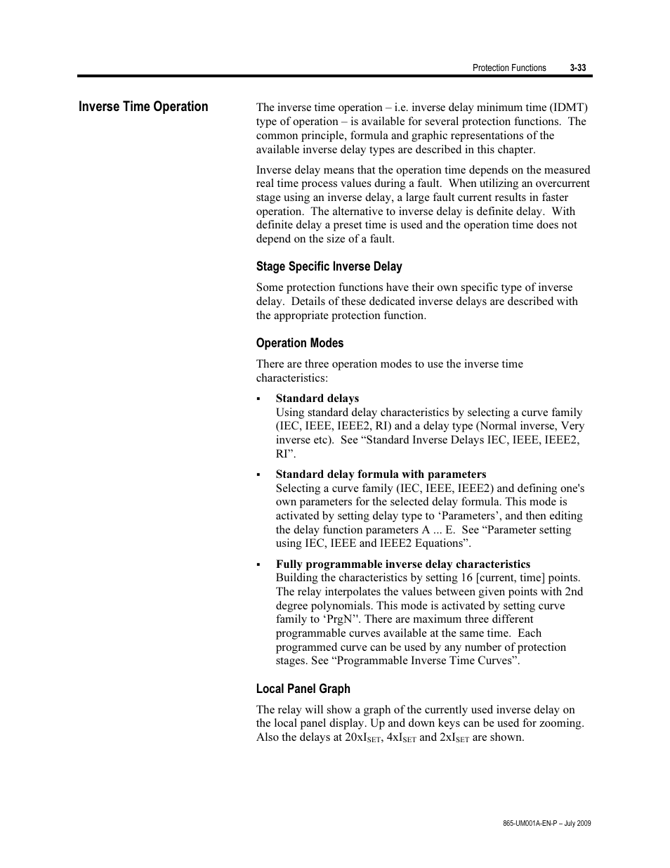 Inverse time operation, Stage specific inverse delay, Operation modes | Local panel graph | Rockwell Automation 865 Differential Protection Relay User Manual | Page 77 / 186