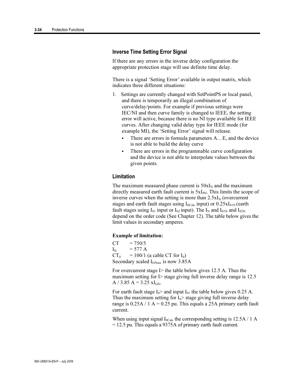 Inverse time setting error signal, Limitation | Rockwell Automation 865 Differential Protection Relay User Manual | Page 78 / 186