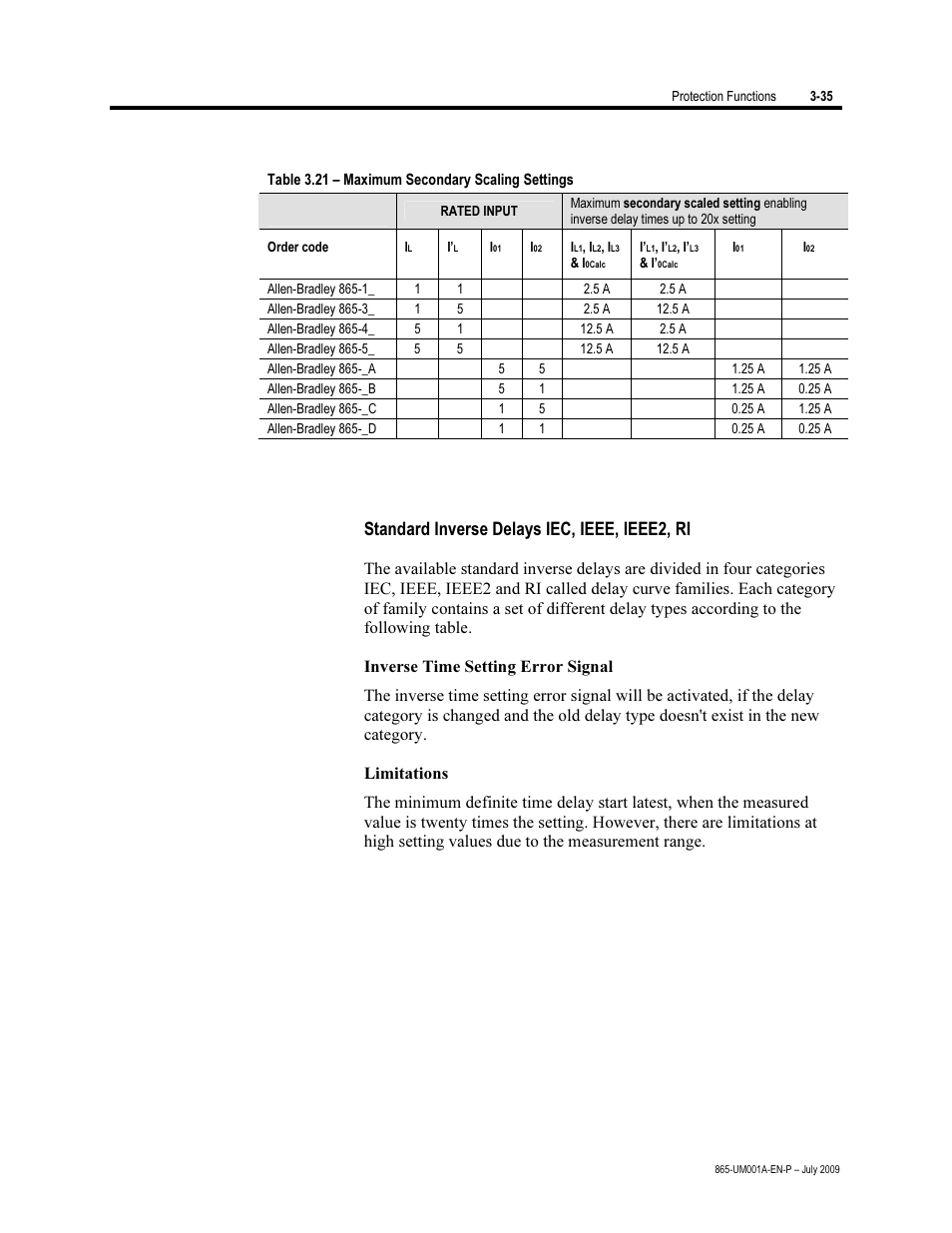 Standard inverse delays, Standard inverse delays iec, ieee, ieee2, ri | Rockwell Automation 865 Differential Protection Relay User Manual | Page 79 / 186