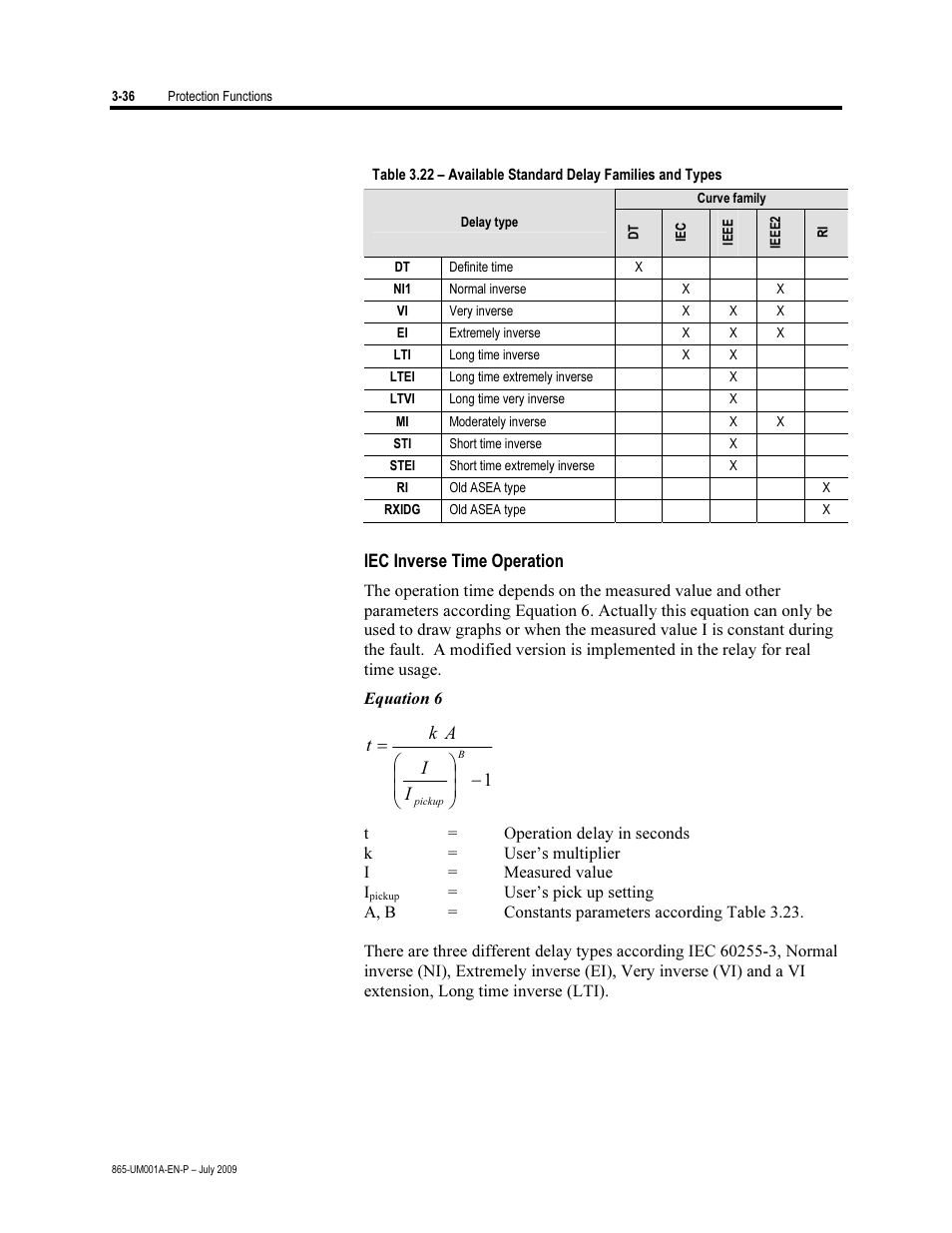 Iec inverse time operation | Rockwell Automation 865 Differential Protection Relay User Manual | Page 80 / 186