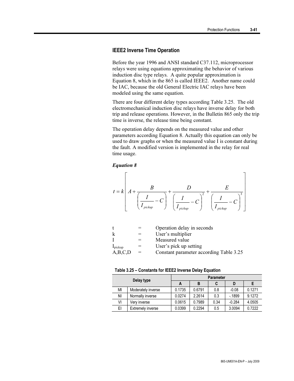 Ieee2 inverse time operation | Rockwell Automation 865 Differential Protection Relay User Manual | Page 85 / 186