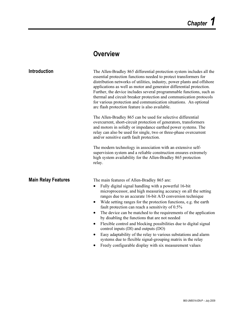 Chapter 1 – overview, Introduction, Main relay features | Overview, Chapter | Rockwell Automation 865 Differential Protection Relay User Manual | Page 9 / 186