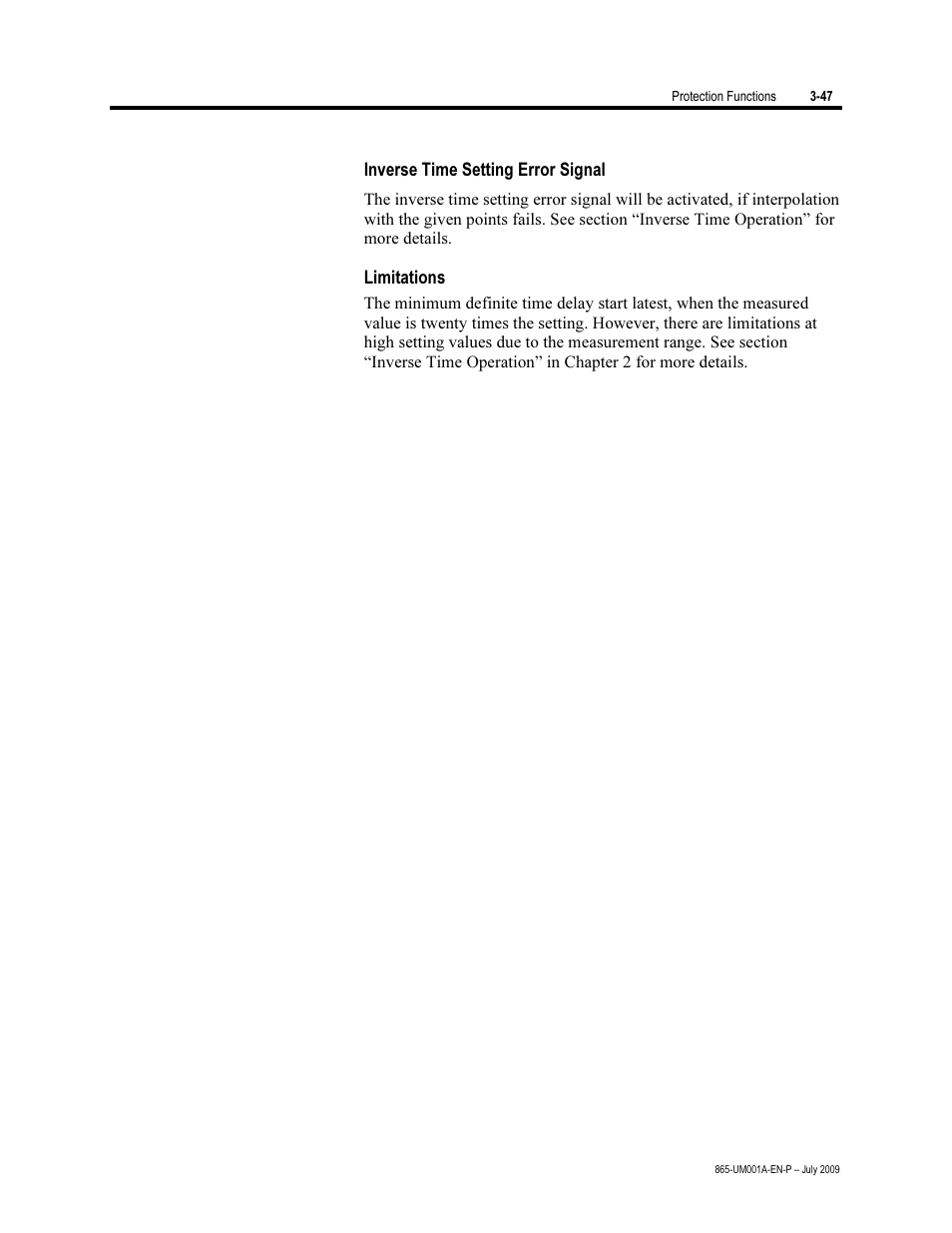 Inverse time setting error signal, Limitations | Rockwell Automation 865 Differential Protection Relay User Manual | Page 91 / 186