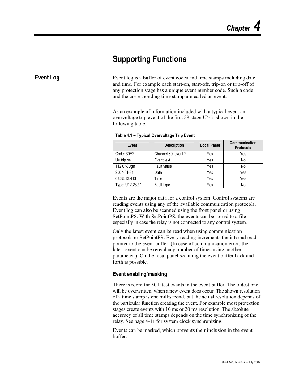 Chapter 4 – supporting functions, Event log, Event enabling/masking | Supporting functions, Chapter | Rockwell Automation 865 Differential Protection Relay User Manual | Page 93 / 186