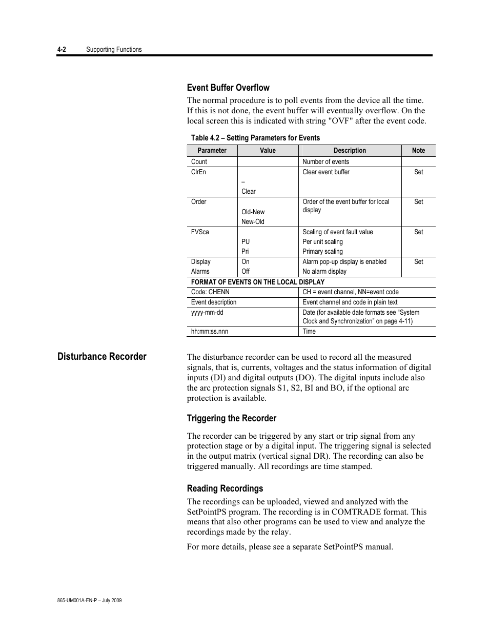 Event buffer overflow, Disturbance recorder, Triggering the recorder | Reading recordings | Rockwell Automation 865 Differential Protection Relay User Manual | Page 94 / 186