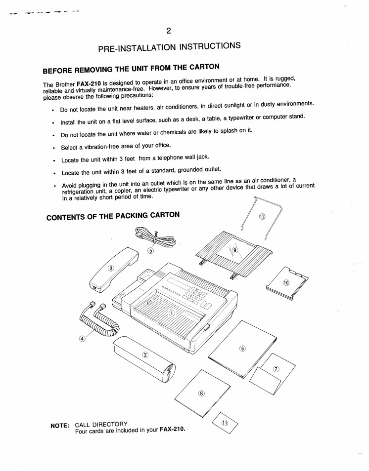 Pre-installation instructions | Brother FAX-210 User Manual | Page 11 / 68