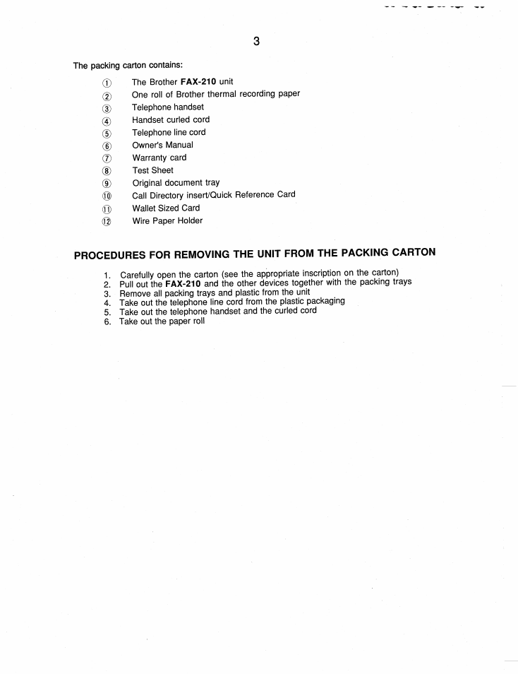 Before removing the unit from the carton | Brother FAX-210 User Manual | Page 12 / 68