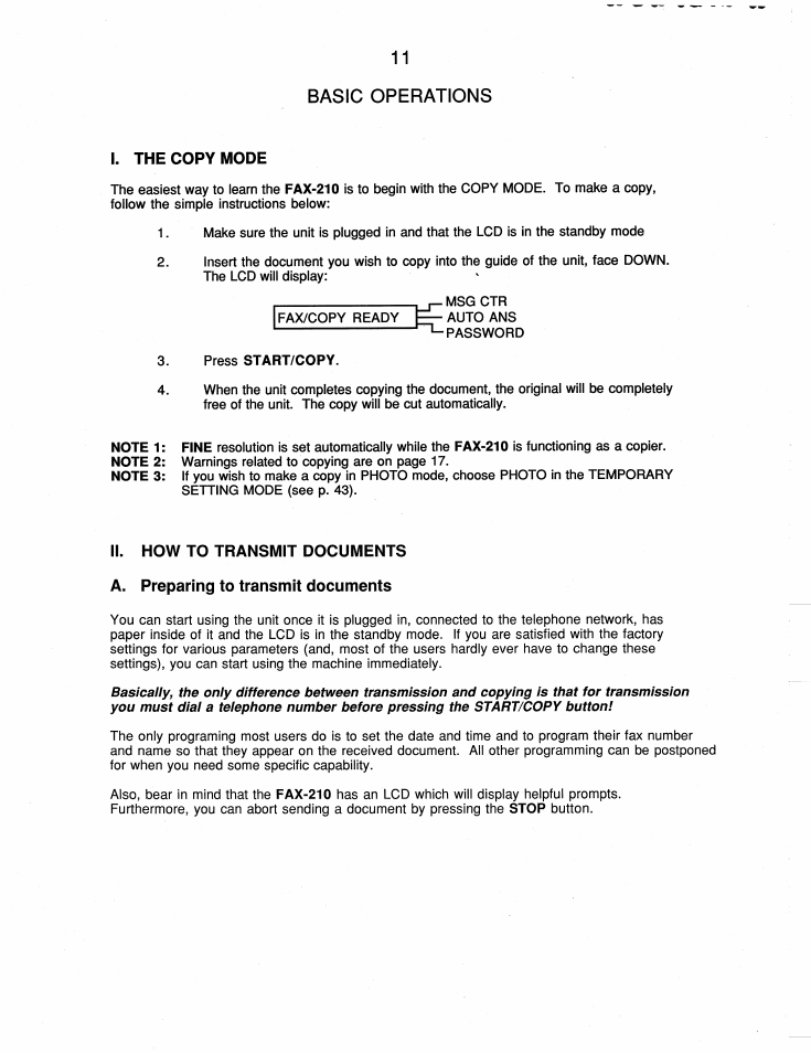 Basic operations, I. the copy mode, Ii. how to transmit documents | A. preparing to transmit documents | Brother FAX-210 User Manual | Page 20 / 68