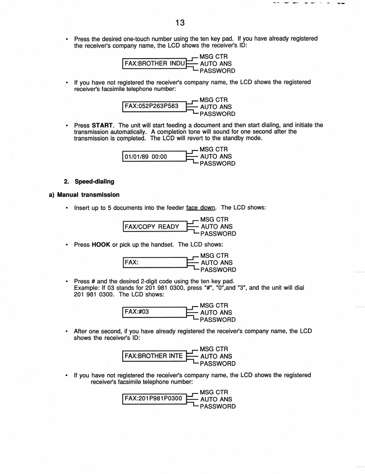 Speed-dialing a) manual transmission | Brother FAX-210 User Manual | Page 22 / 68