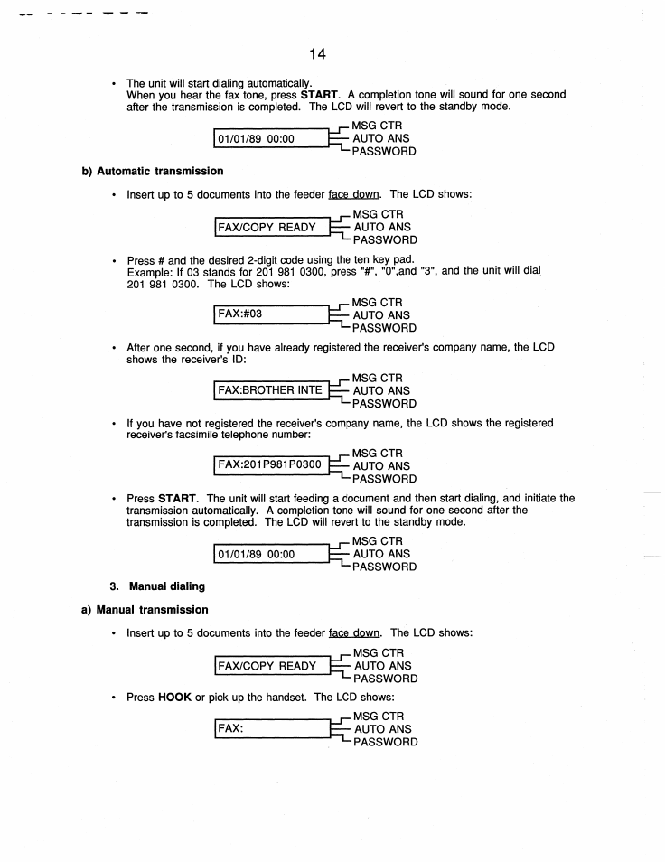 B) automatic transmission, Manual dialing a) manual transmission | Brother FAX-210 User Manual | Page 23 / 68