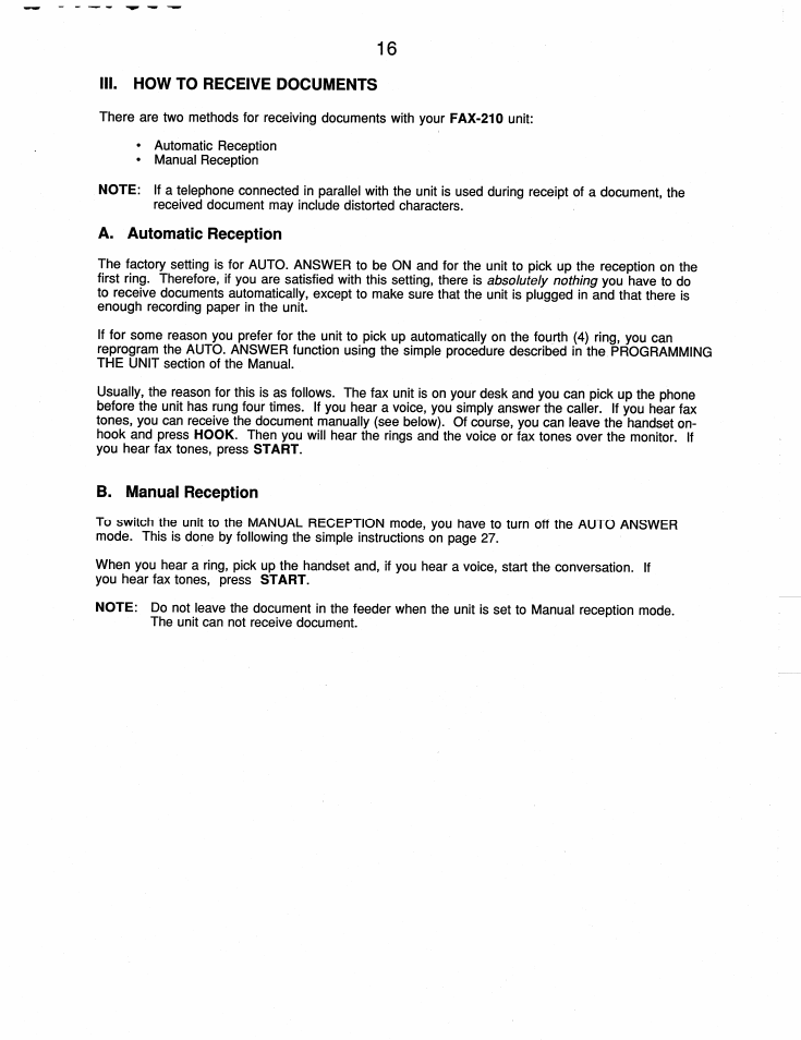 Iii. how to receive documents, A. automatic reception, B. manual reception | Brother FAX-210 User Manual | Page 25 / 68