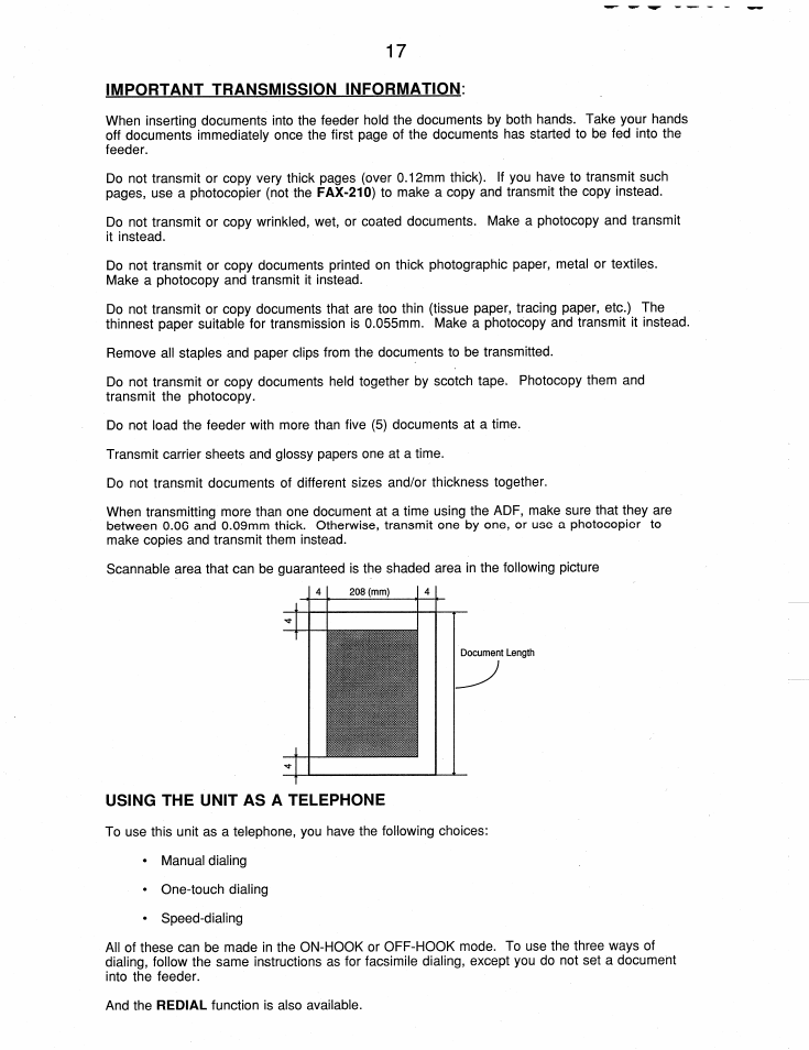 Important transmission information, Using the unit as a telephone | Brother FAX-210 User Manual | Page 26 / 68