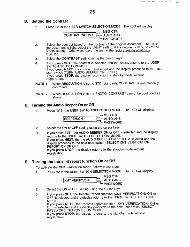 B. setting the contrast, C. turning the audio beeper on or off, D. turning the transmit report function on or off | Brother FAX-210 User Manual | Page 34 / 68