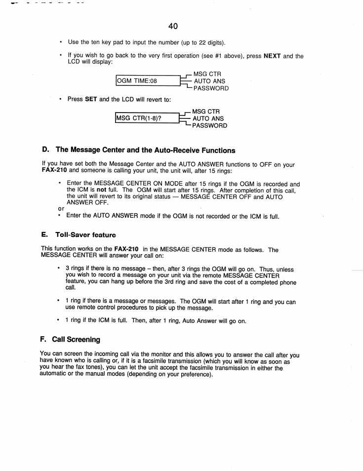 E. toll-saver feature, F. call screening | Brother FAX-210 User Manual | Page 49 / 68