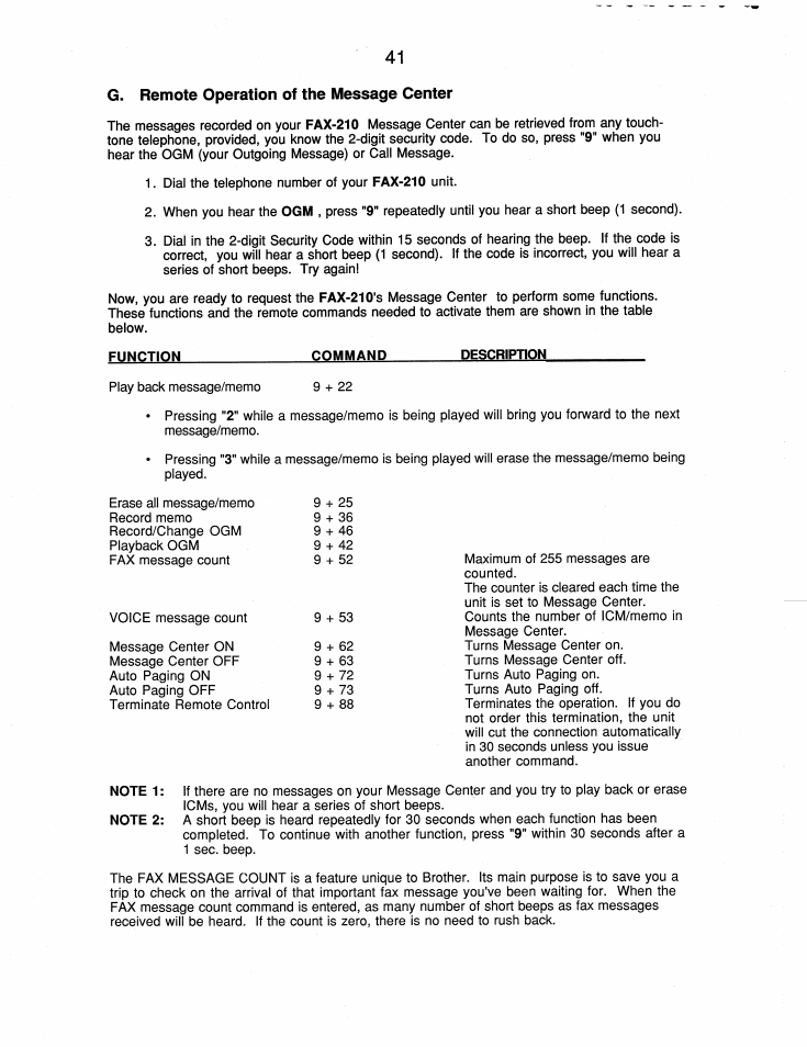 G. remote operation of the message center | Brother FAX-210 User Manual | Page 50 / 68