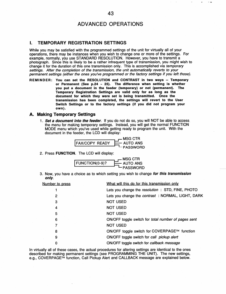 Advanced operations, I. temporary registration settings, A. making temporary settings | Brother FAX-210 User Manual | Page 52 / 68