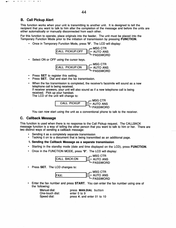 B. call pickup alert, C. callback message | Brother FAX-210 User Manual | Page 53 / 68