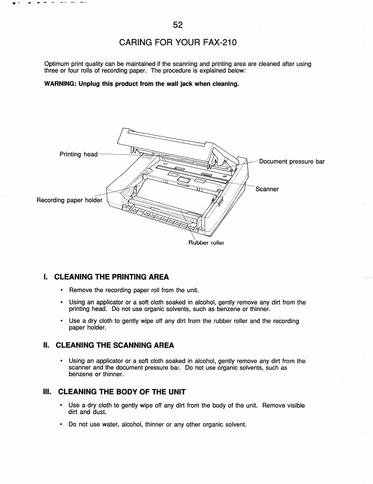 Caring for your fax-210, I. cleaning the printing area, Ii. cleaning the scanning area | Iii. cleaning the body of the unit | Brother FAX-210 User Manual | Page 61 / 68