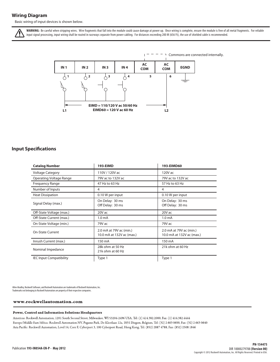 Wiring diagram input specifications | Rockwell Automation 193-EIMD60 Bul 193 Input Interface Module User Manual | Page 2 / 2