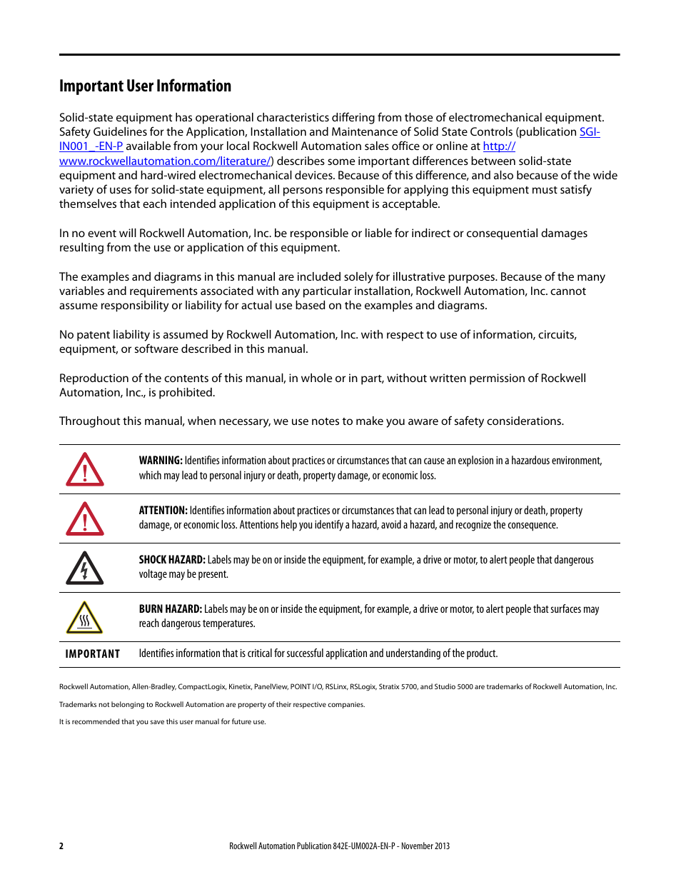 Important user information | Rockwell Automation 842E CM Integrated Motion Encoder on EtherNet/IP User Manual | Page 2 / 64