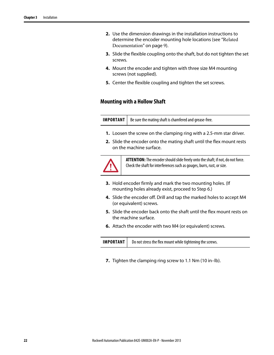 Mounting with a hollow shaft | Rockwell Automation 842E CM Integrated Motion Encoder on EtherNet/IP User Manual | Page 22 / 64