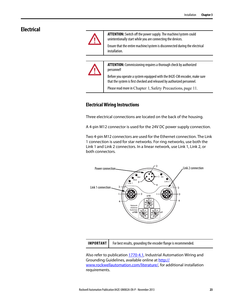 Electrical, Electrical wiring instructions | Rockwell Automation 842E CM Integrated Motion Encoder on EtherNet/IP User Manual | Page 23 / 64