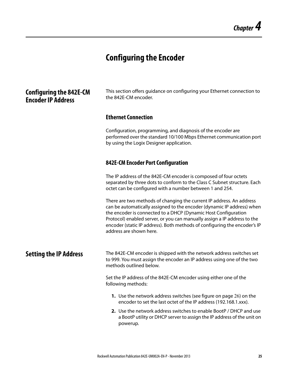 Configenc for enet ip network, Configuring the encoder, Chapter | Configuring the 842e-cm encoder ip address, Setting the ip address | Rockwell Automation 842E CM Integrated Motion Encoder on EtherNet/IP User Manual | Page 25 / 64