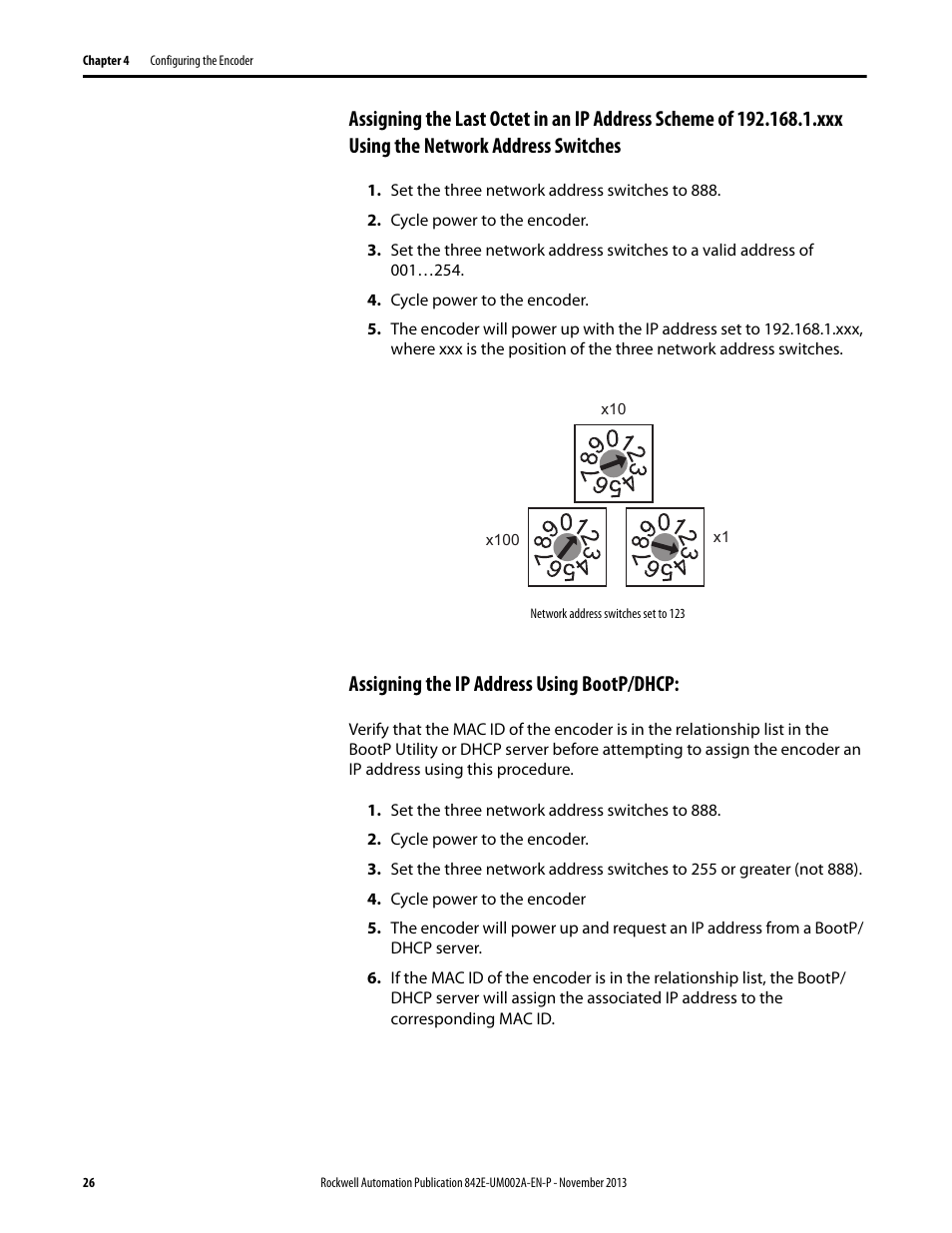 Assigning the ip address using bootp/dhcp | Rockwell Automation 842E CM Integrated Motion Encoder on EtherNet/IP User Manual | Page 26 / 64