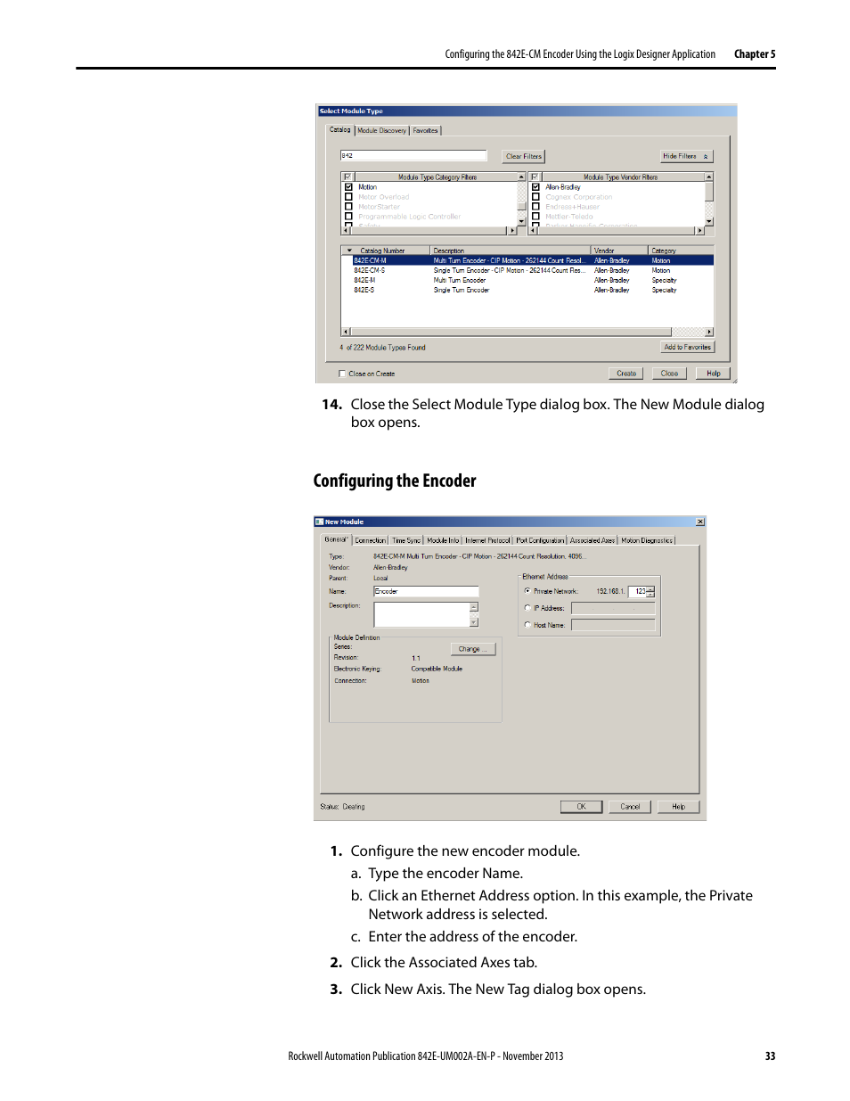 Configuring the encoder | Rockwell Automation 842E CM Integrated Motion Encoder on EtherNet/IP User Manual | Page 33 / 64