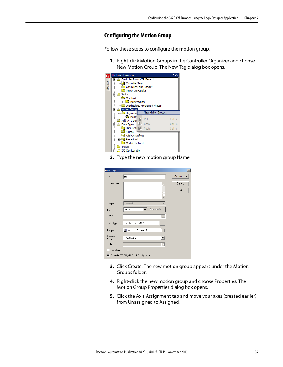 Configuring the motion group | Rockwell Automation 842E CM Integrated Motion Encoder on EtherNet/IP User Manual | Page 35 / 64