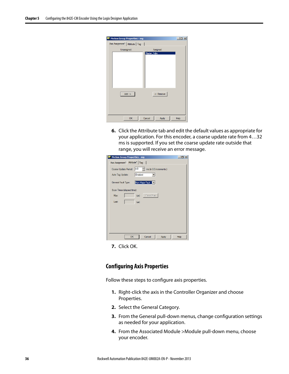 Configuring axis properties | Rockwell Automation 842E CM Integrated Motion Encoder on EtherNet/IP User Manual | Page 36 / 64