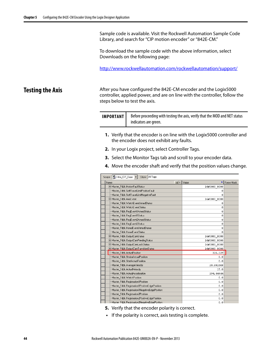 Testing the axis | Rockwell Automation 842E CM Integrated Motion Encoder on EtherNet/IP User Manual | Page 44 / 64
