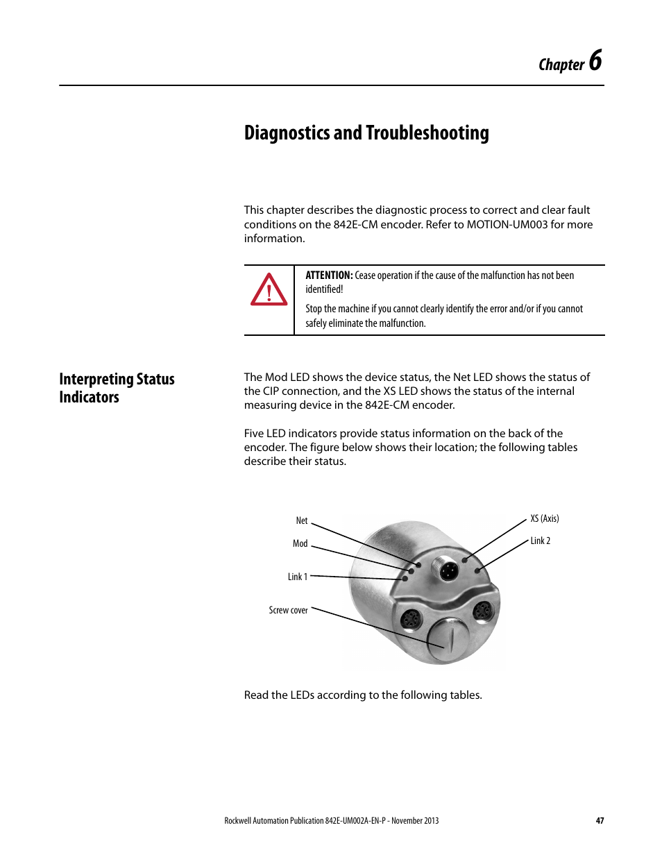 Diagnostics-troubleshooting, Diagnostics and troubleshooting, Chapter | Interpreting status indicators | Rockwell Automation 842E CM Integrated Motion Encoder on EtherNet/IP User Manual | Page 47 / 64