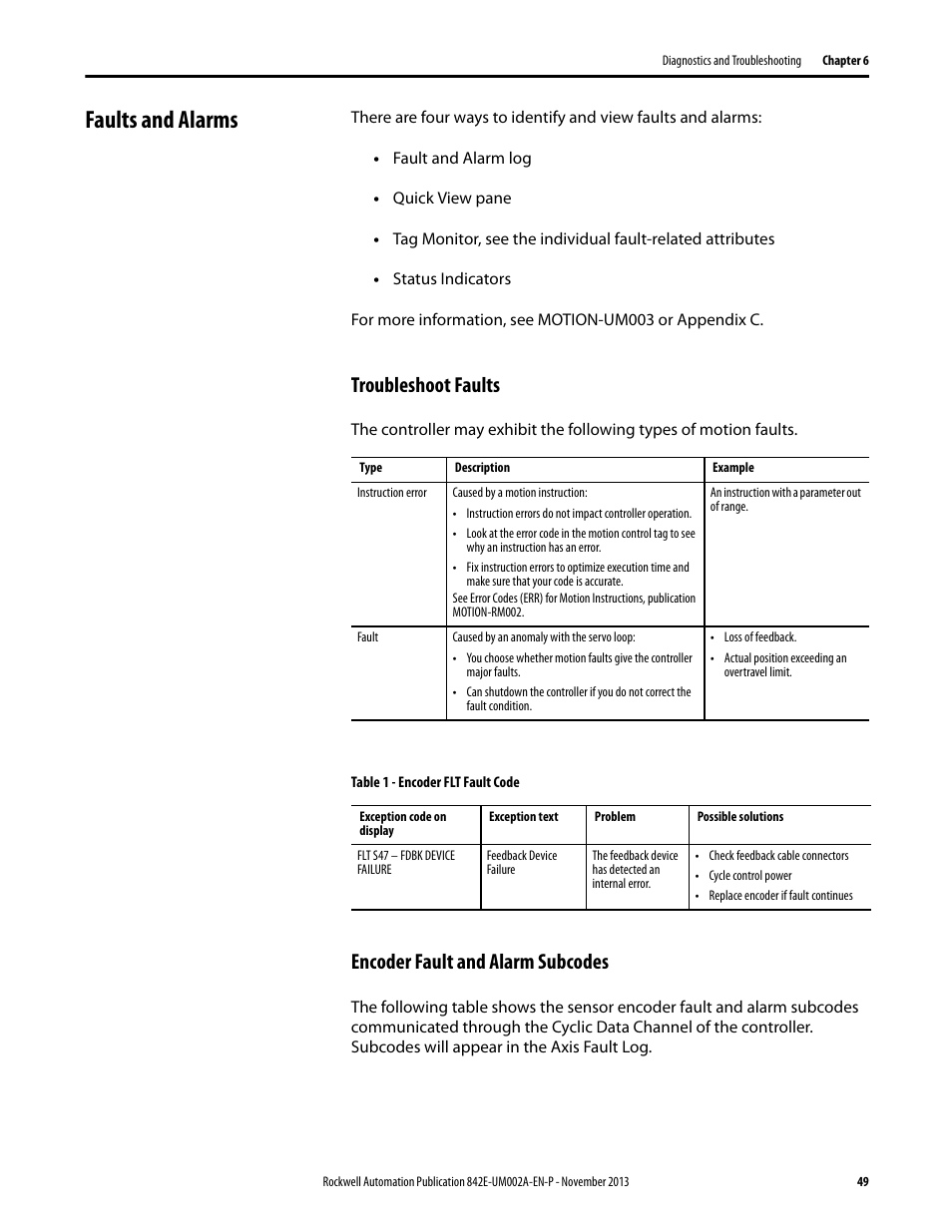 Faults and alarms, Troubleshoot faults, Encoder fault and alarm subcodes | Rockwell Automation 842E CM Integrated Motion Encoder on EtherNet/IP User Manual | Page 49 / 64