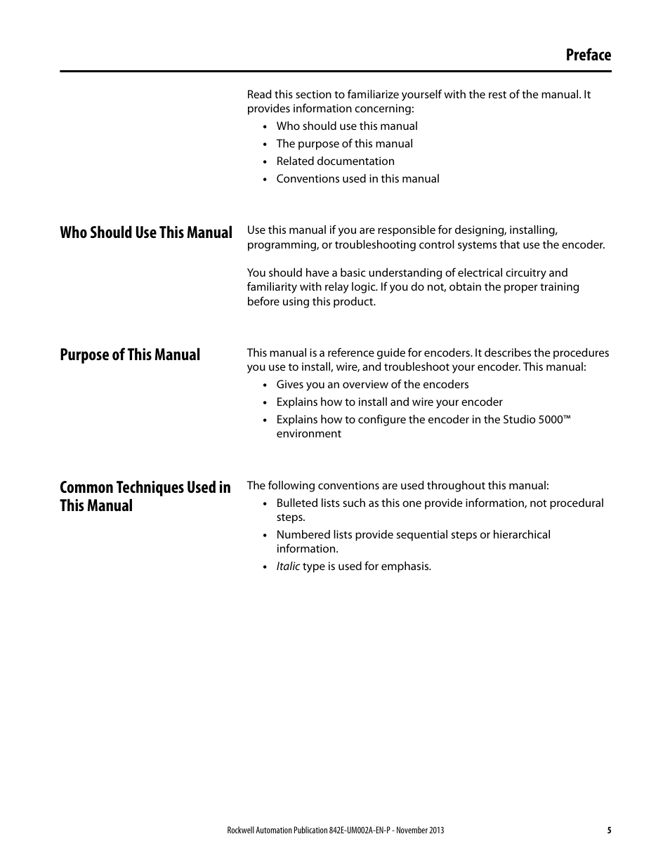 C pref, Preface, Who should use this manual | Purpose of this manual, Common techniques used in this manual | Rockwell Automation 842E CM Integrated Motion Encoder on EtherNet/IP User Manual | Page 5 / 64