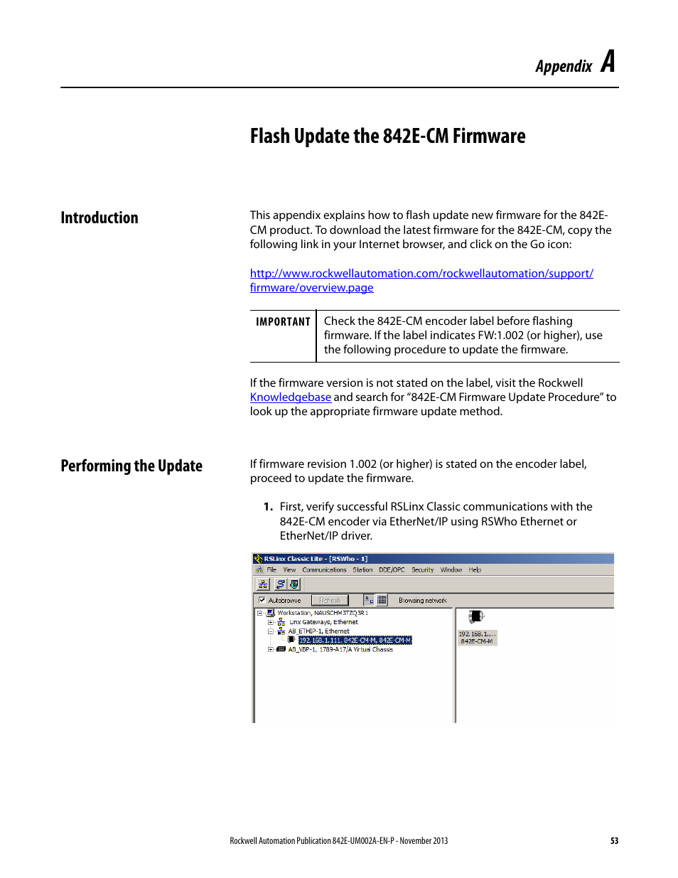 Appxa-flashupdate, Flash update the 842e-cm firmware, Appendix | Introduction, Performing the update | Rockwell Automation 842E CM Integrated Motion Encoder on EtherNet/IP User Manual | Page 53 / 64