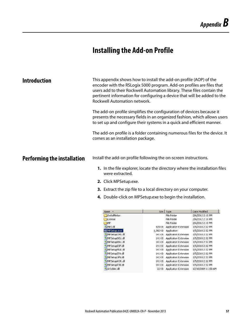 Appxb-installadd-onprofile, Installing the add-on profile | Rockwell Automation 842E CM Integrated Motion Encoder on EtherNet/IP User Manual | Page 57 / 64