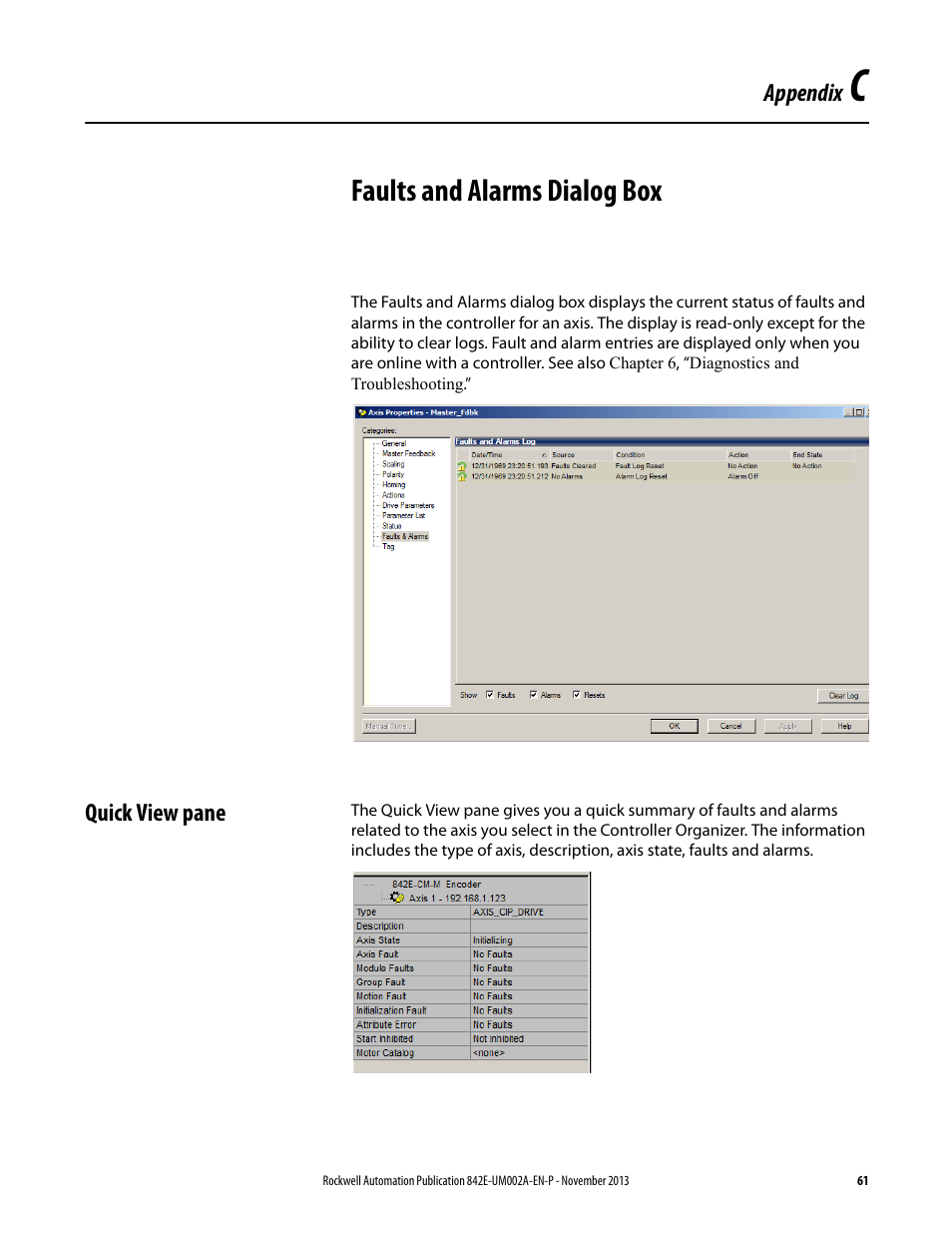Appxc-faultsalarms, Faults and alarms dialog box | Rockwell Automation 842E CM Integrated Motion Encoder on EtherNet/IP User Manual | Page 61 / 64