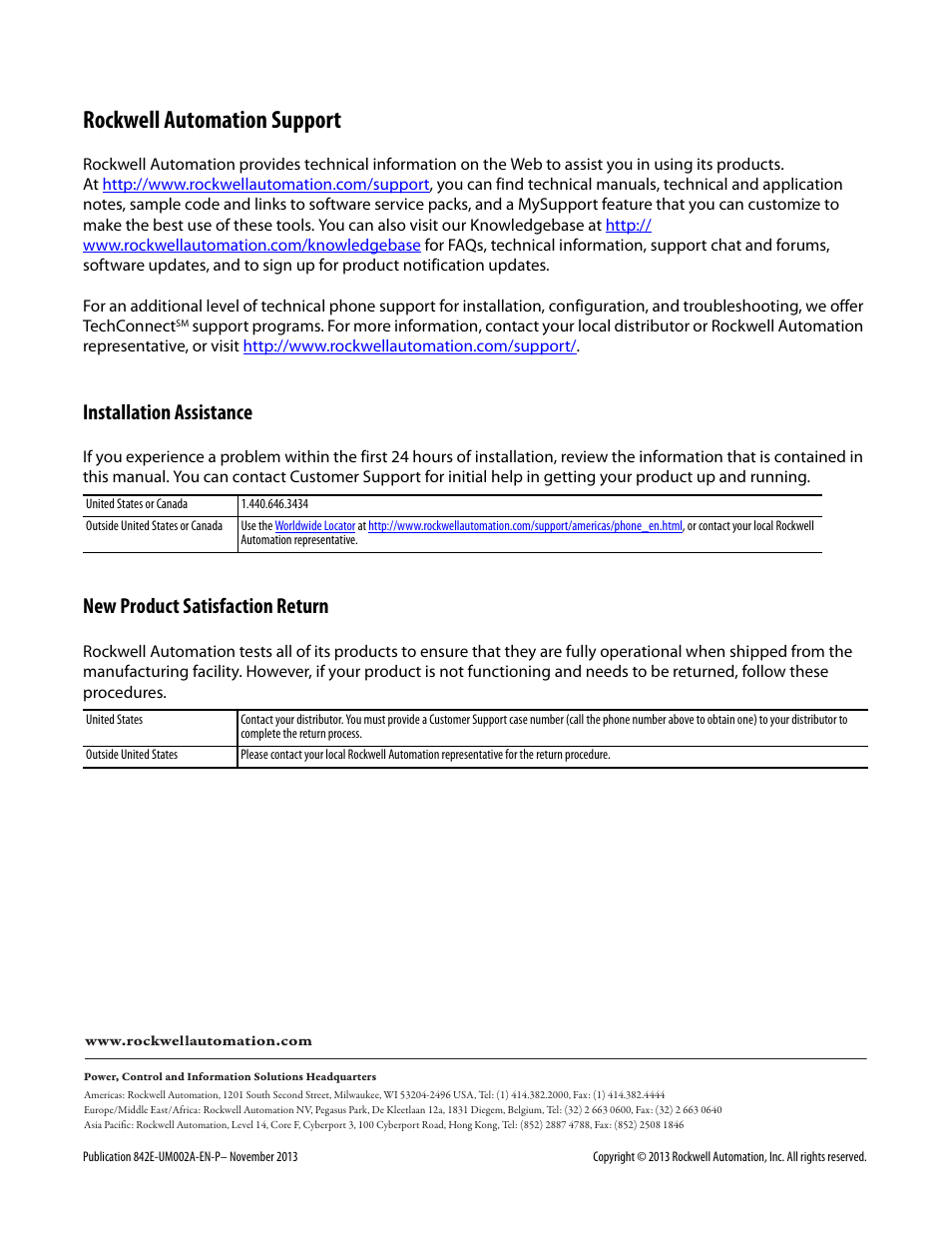 Rockwell automation support, Installation assistance, New product satisfaction return | Rockwell Automation 842E CM Integrated Motion Encoder on EtherNet/IP User Manual | Page 64 / 64