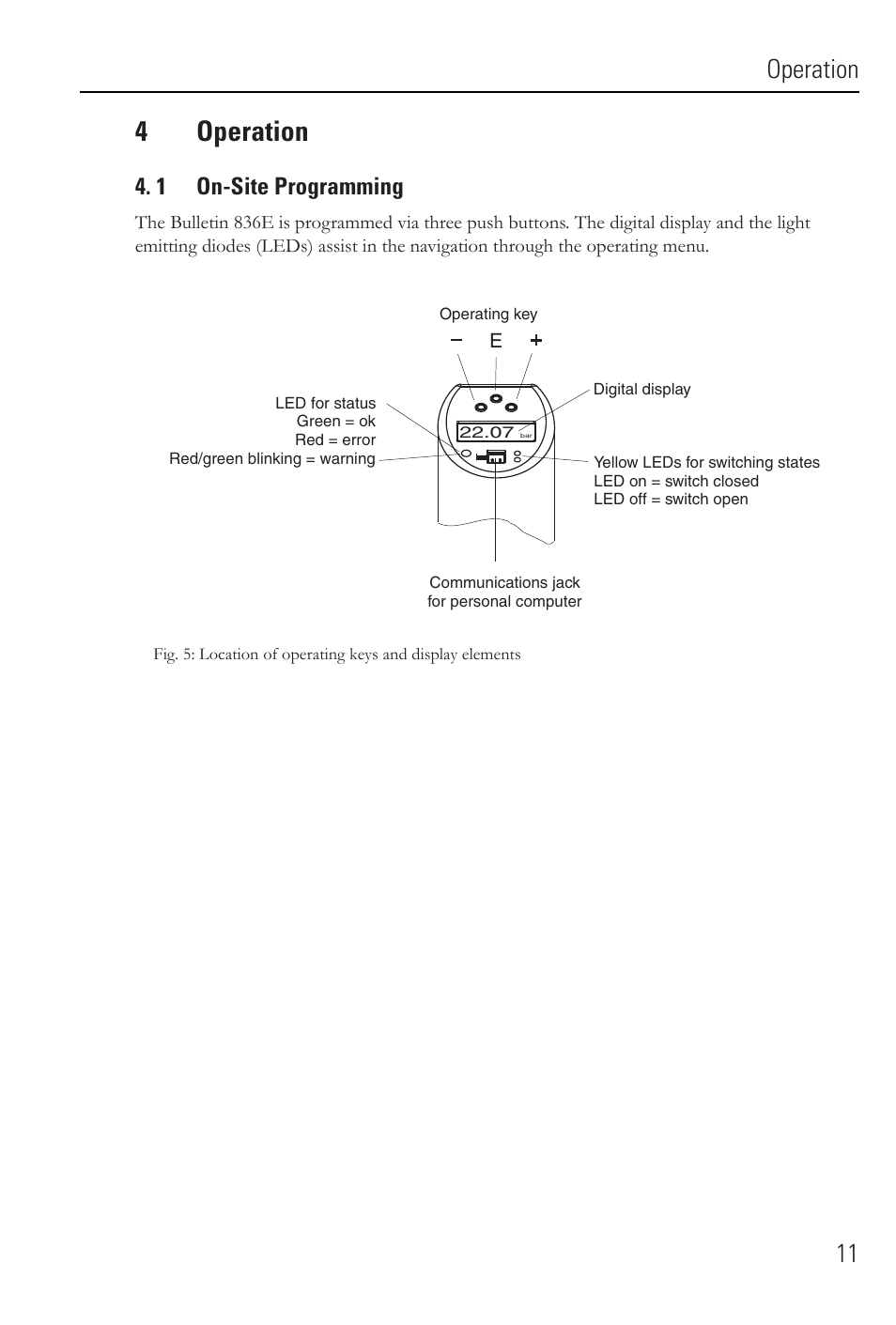 4operation, Operation 11, 1 on-site programming | Rockwell Automation 836E Solid-State Pressure Sensors User Manual | Page 11 / 32